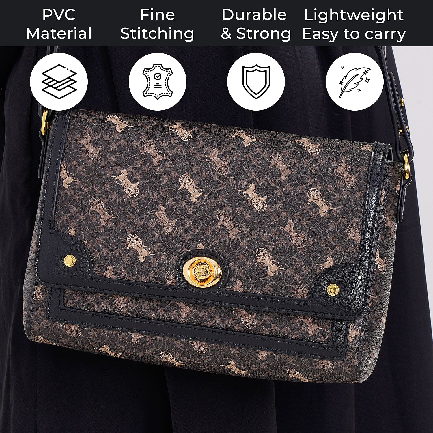 Guanchi PVC Patterned Crossbody Bag (Size 25x9x17 cm) - Dark Coffee - Brown