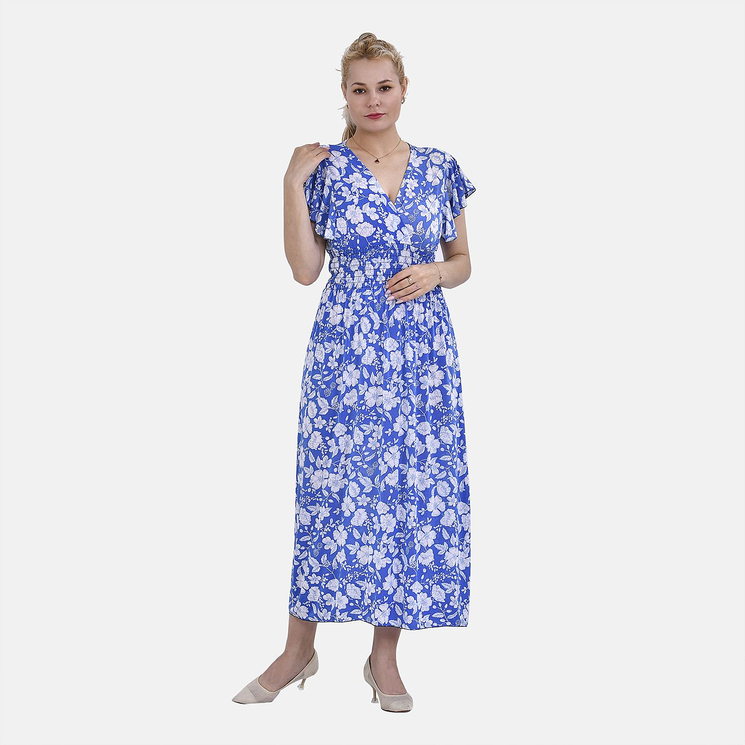 TAMSY Flutter Sleeve Smocked Rose Printed Midi Dress (One Size,8-18) - Blue