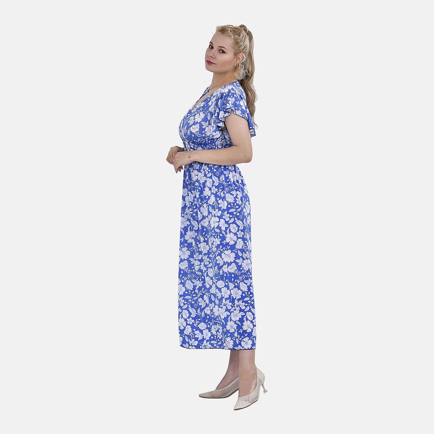 TAMSY Flutter Sleeve Smocked Rose Printed Midi Dress (One Size Curve,20-26) - Blue