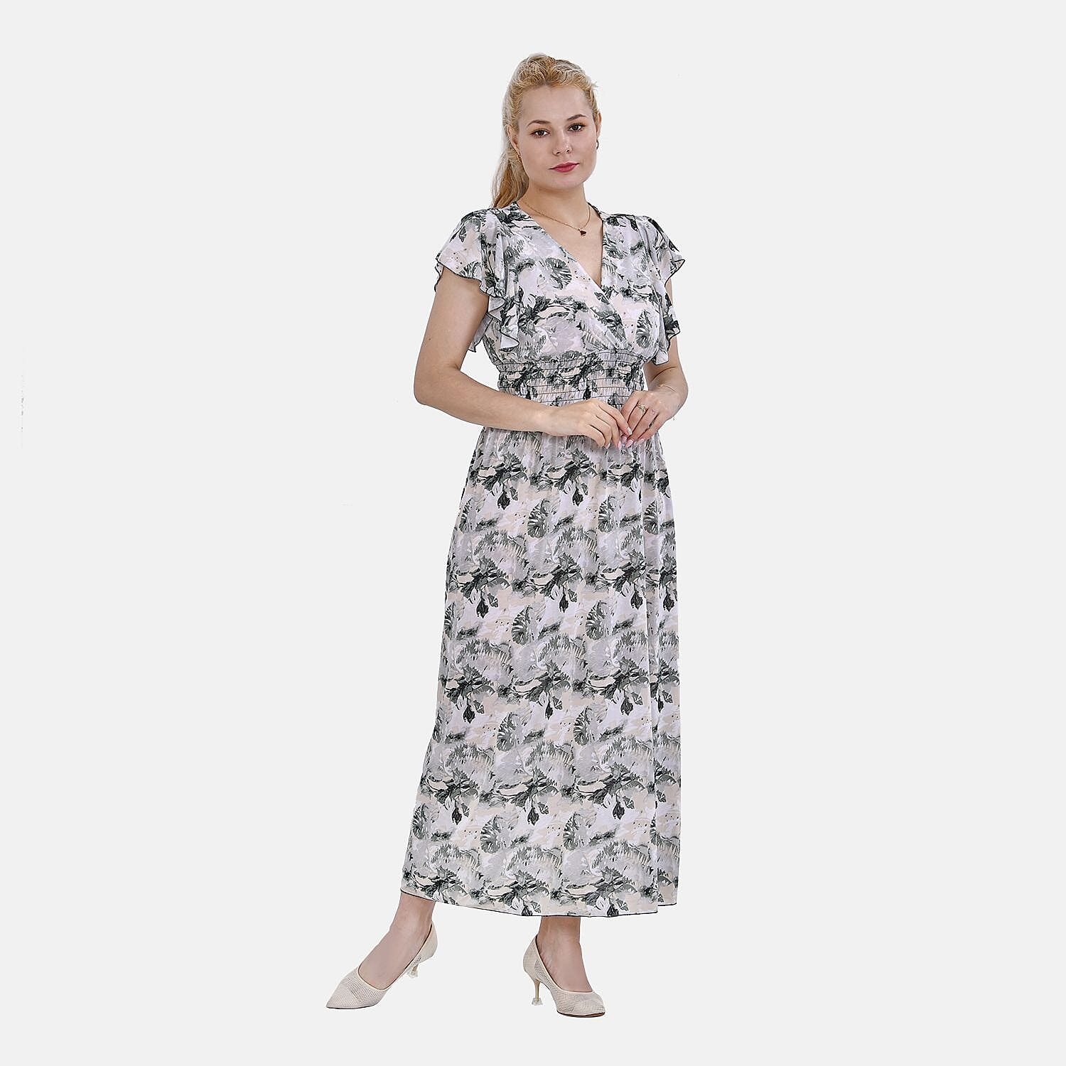 TAMSY Flutter Sleeve Smocked Rose Printed Midi Dress - Blue