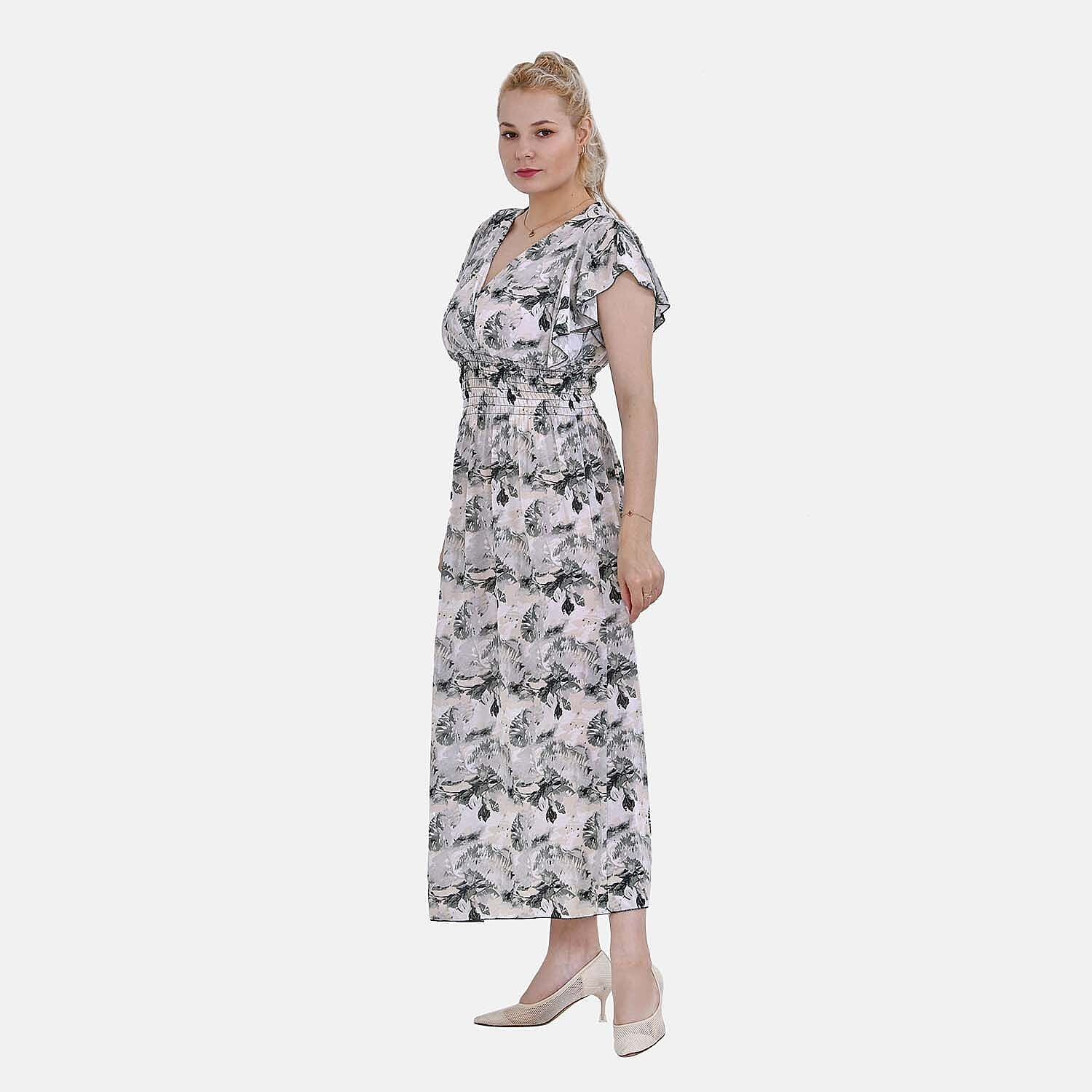 TAMSY Flutter Sleeve Smocked Rose Printed Midi Dress - Blue