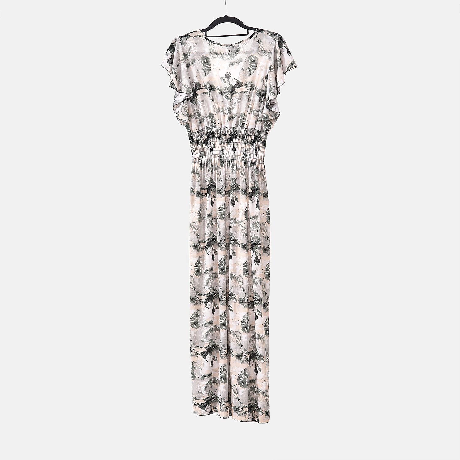 TAMSY Flutter Sleeve Smocked Rose Printed Midi Dress - Blue