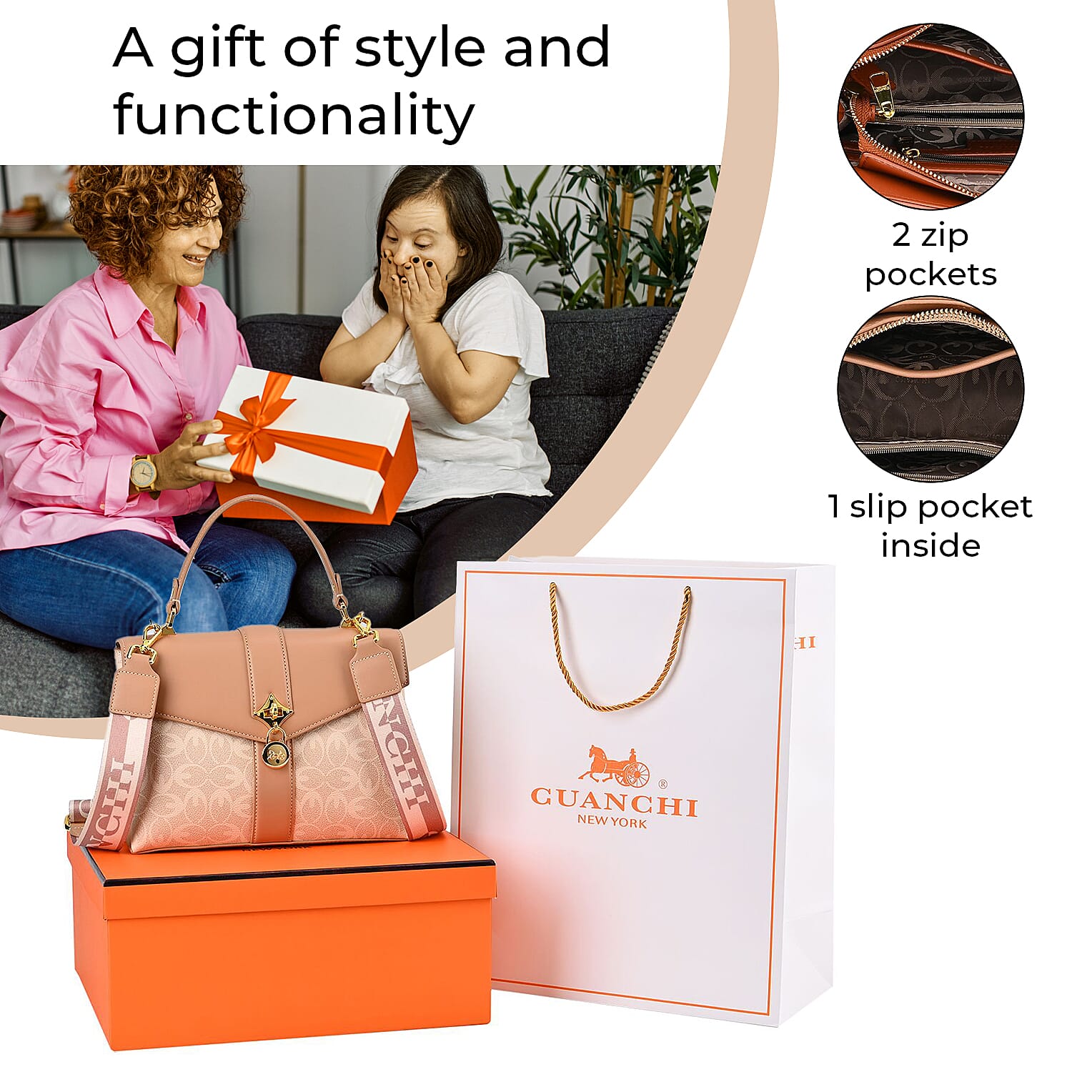GUANCHI Crossbody Bag with Handle Drop - Off White & Apricot