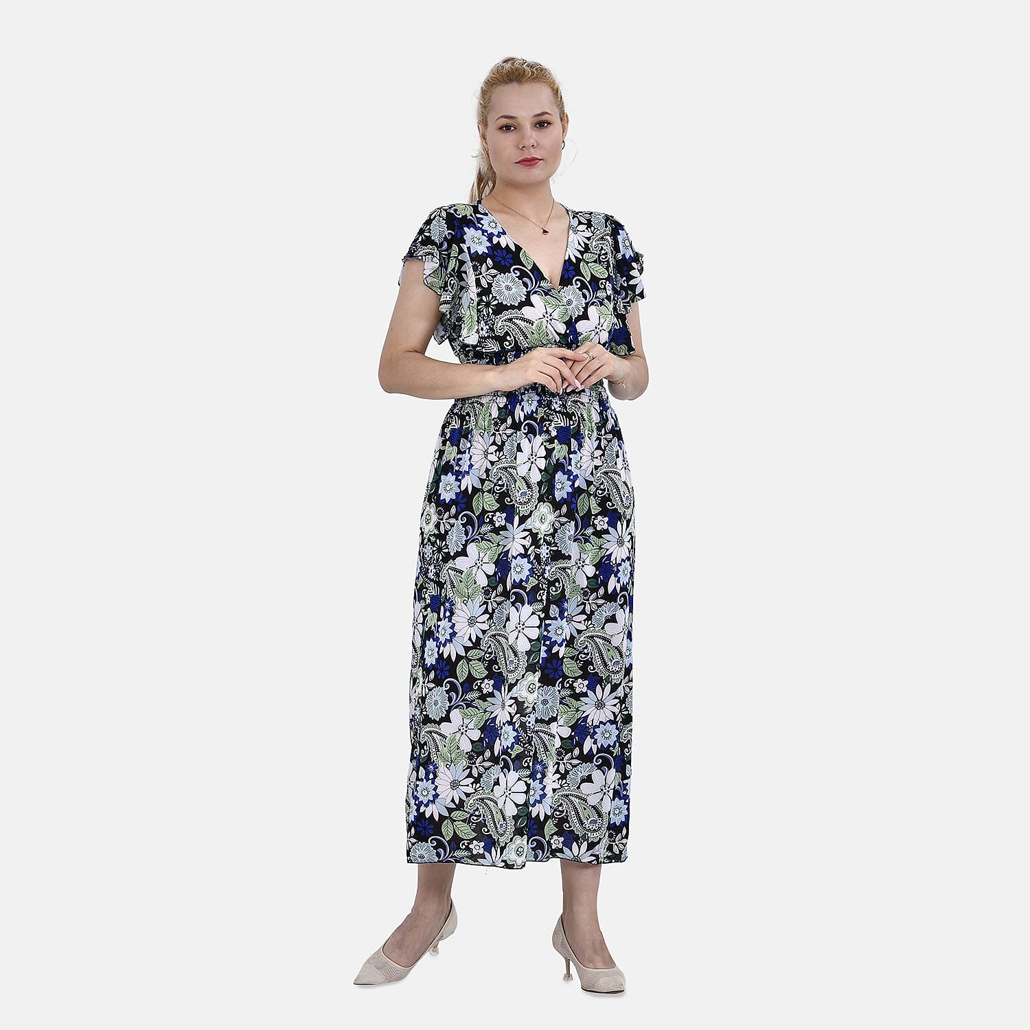 TAMSY Flutter Sleeve Smocked Rose Printed Midi Dress - Blue