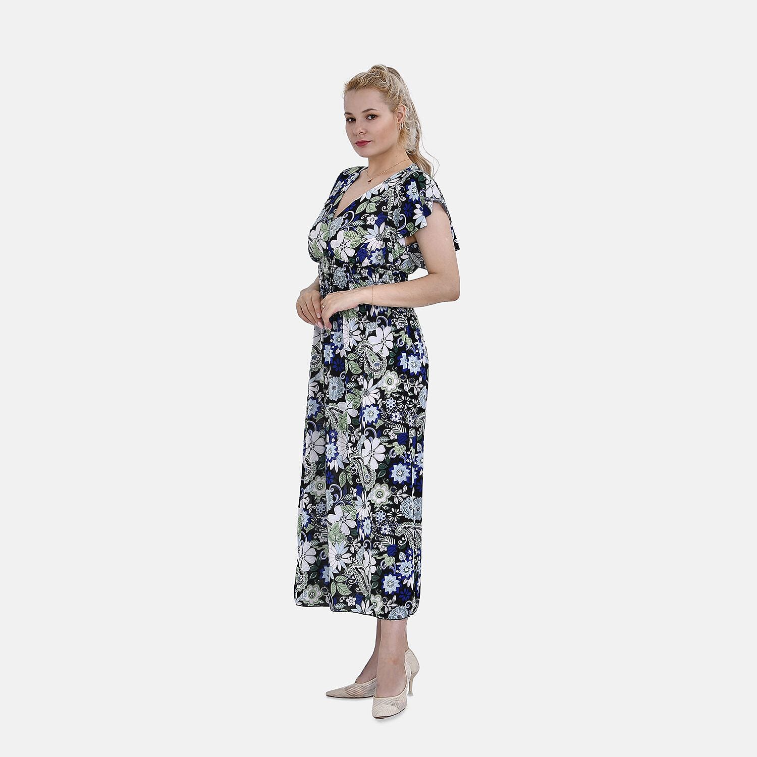 TAMSY Flutter Sleeve Smocked Rose Printed Midi Dress - Blue