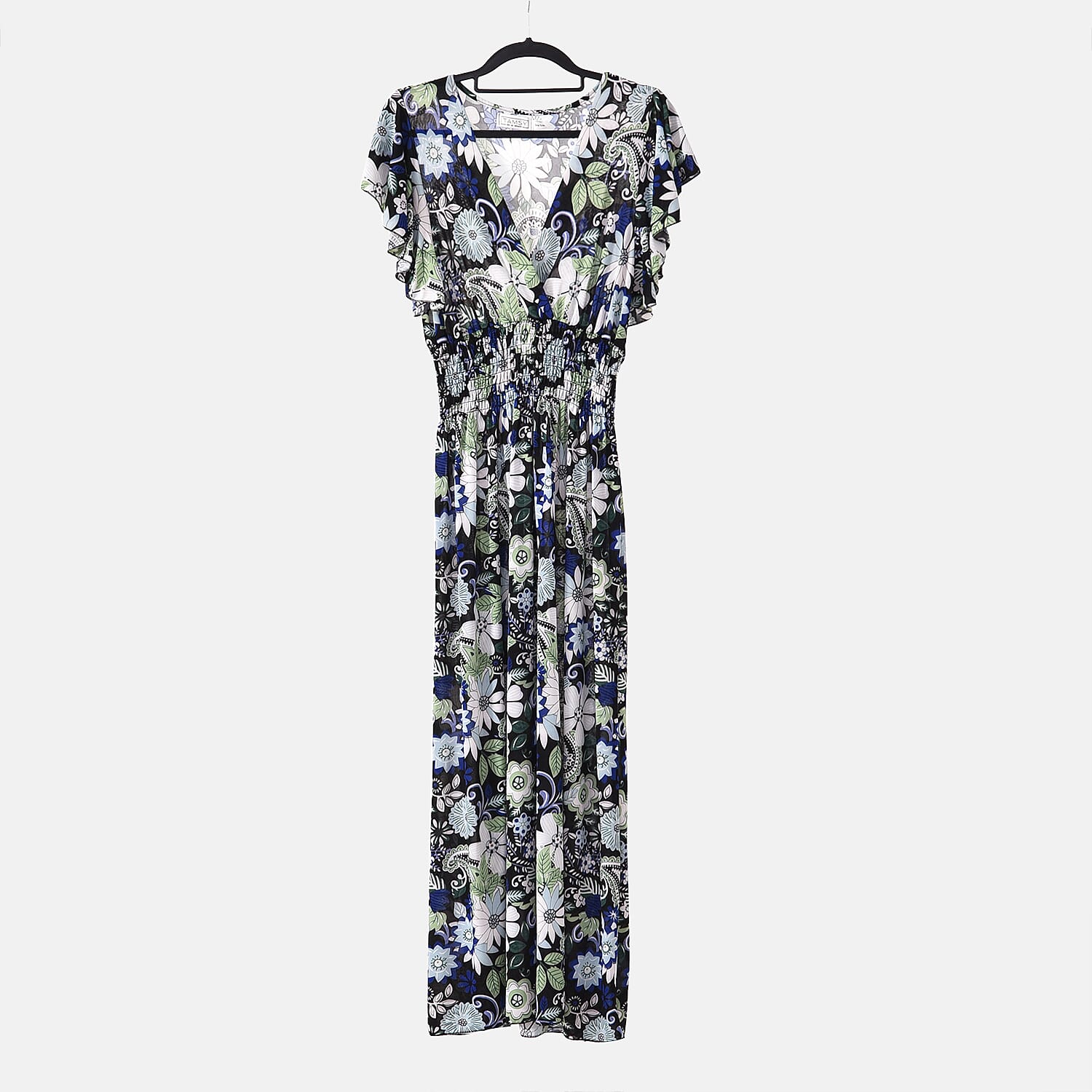 TAMSY Flutter Sleeve Smocked Rose Printed Midi Dress - Blue