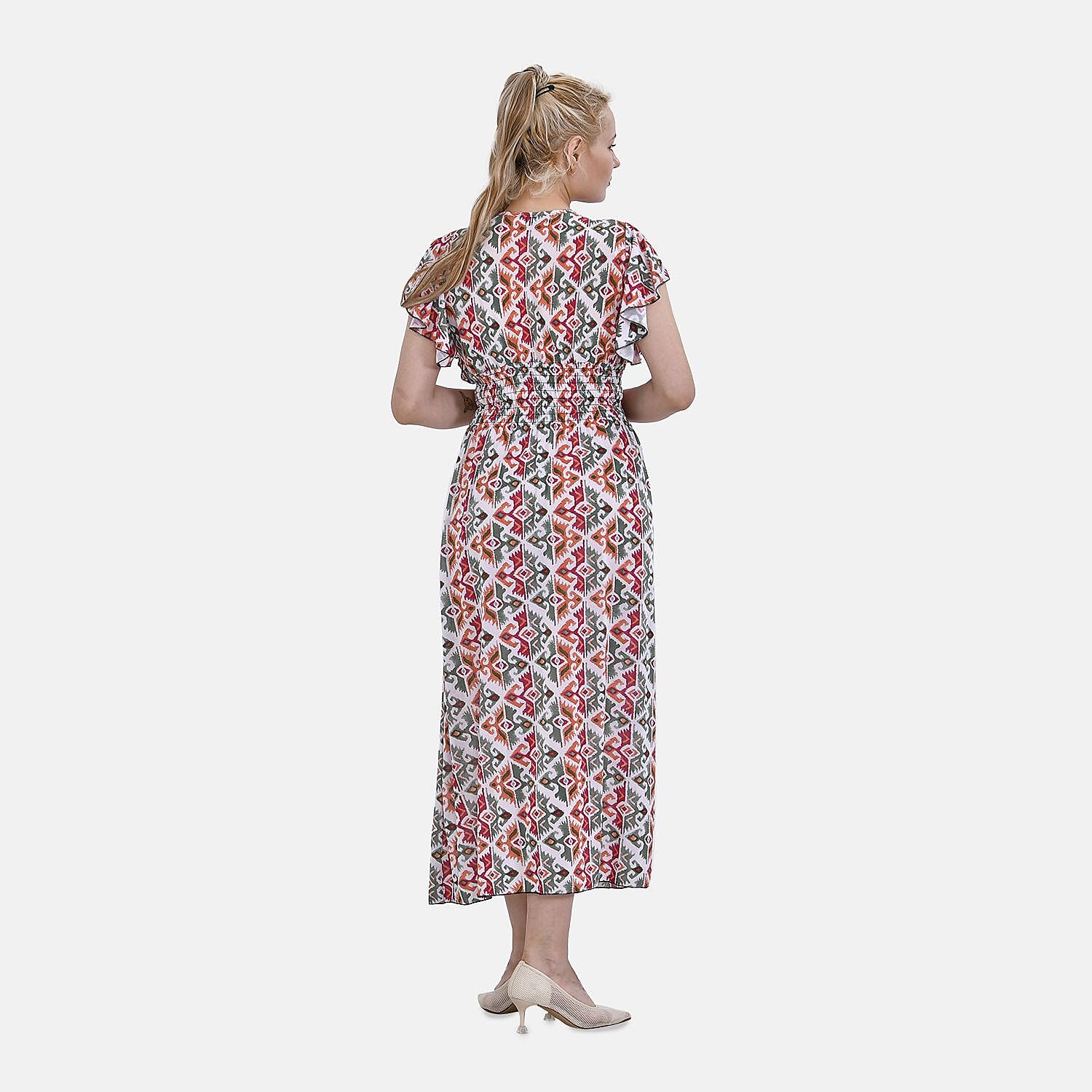 TAMSY Flutter Sleeve Smocked Rose Printed Midi Dress - Blue