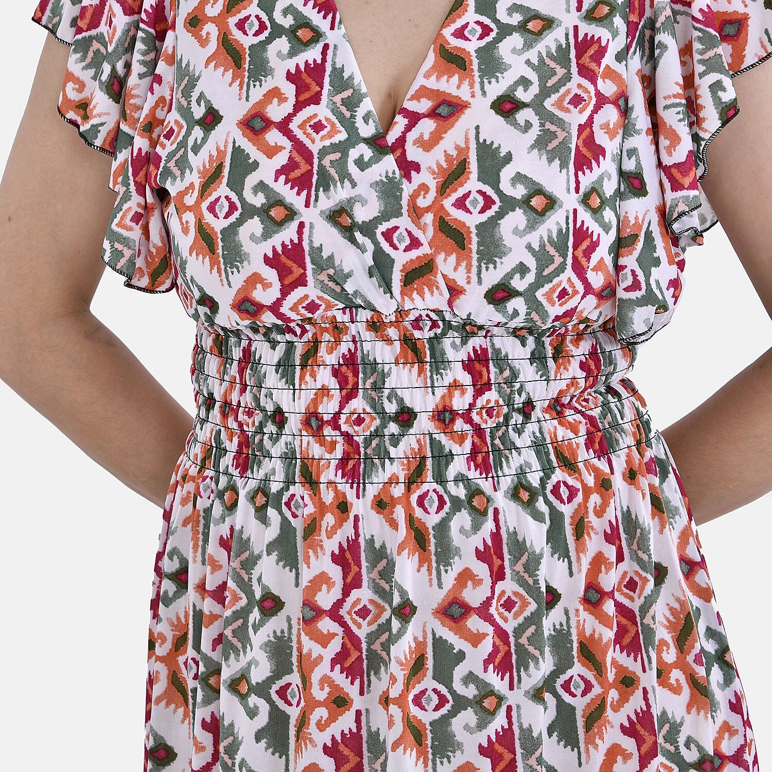 TAMSY Flutter Sleeve Smocked Rose Printed Midi Dress - Blue