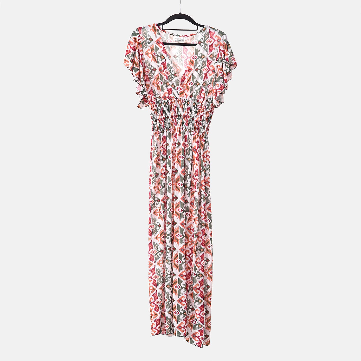 TAMSY Flutter Sleeve Smocked Rose Printed Midi Dress - Blue