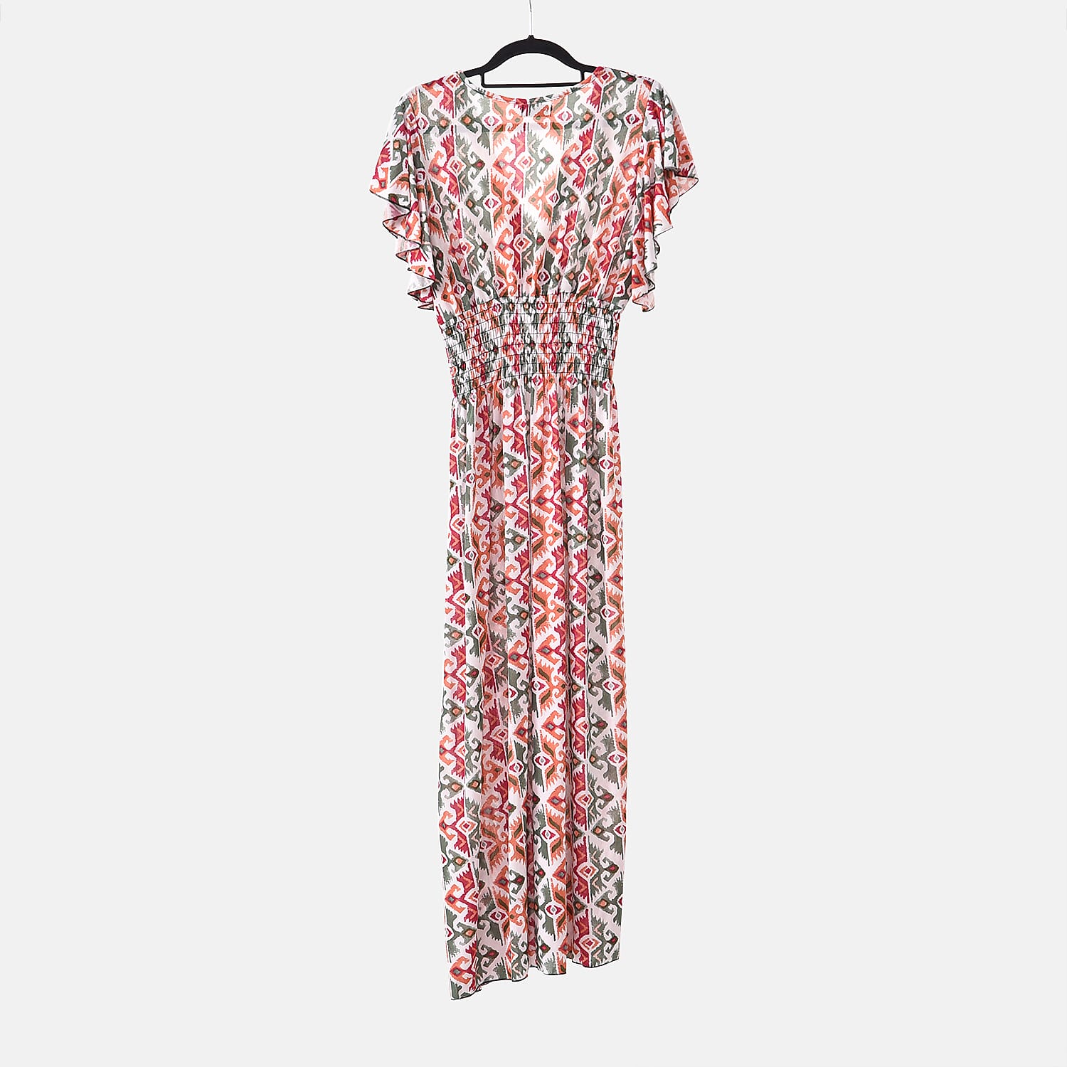 TAMSY Flutter Sleeve Smocked Rose Printed Midi Dress - Blue