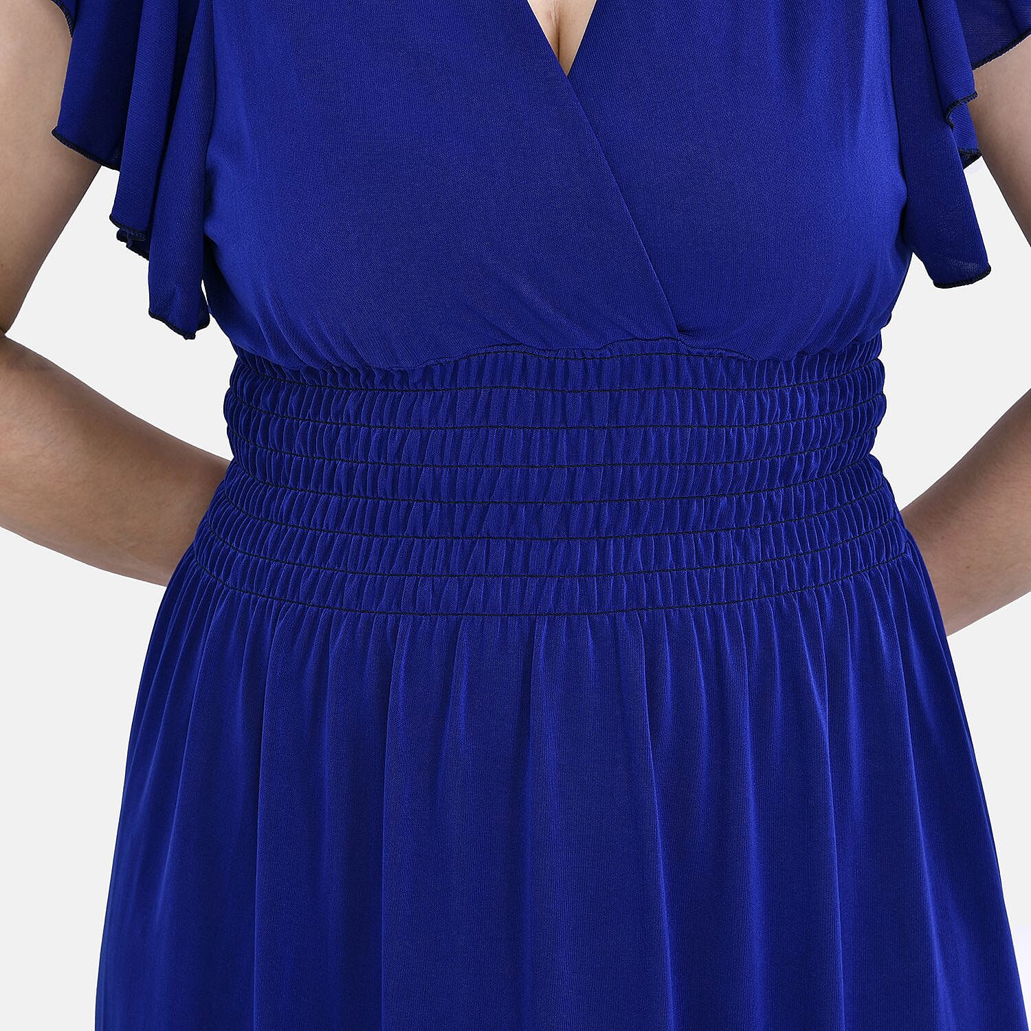 TAMSY Flutter Sleeve Smocked Rose Printed Midi Dress - Blue