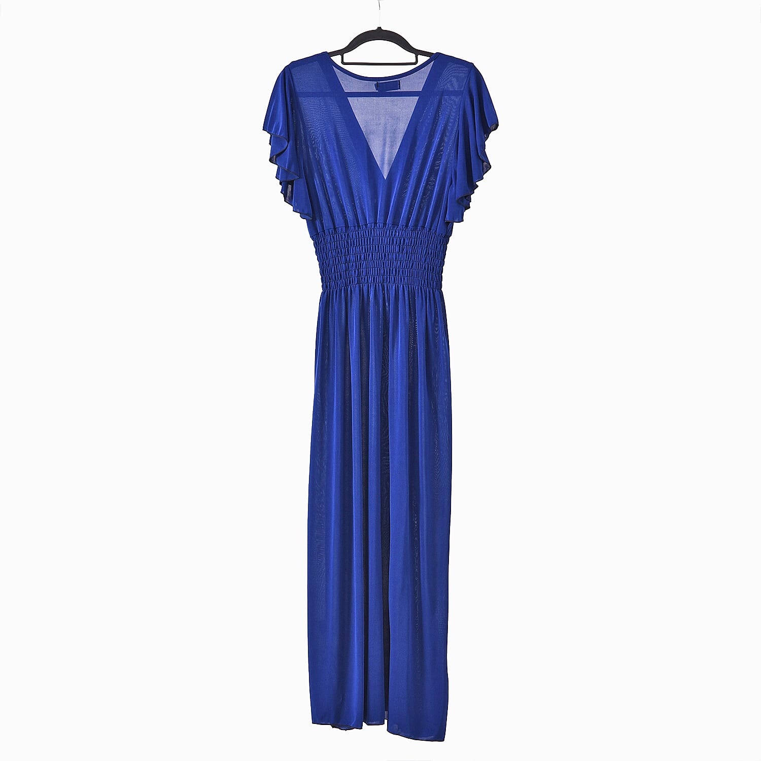 TAMSY Flutter Sleeve Smocked Rose Printed Midi Dress - Blue