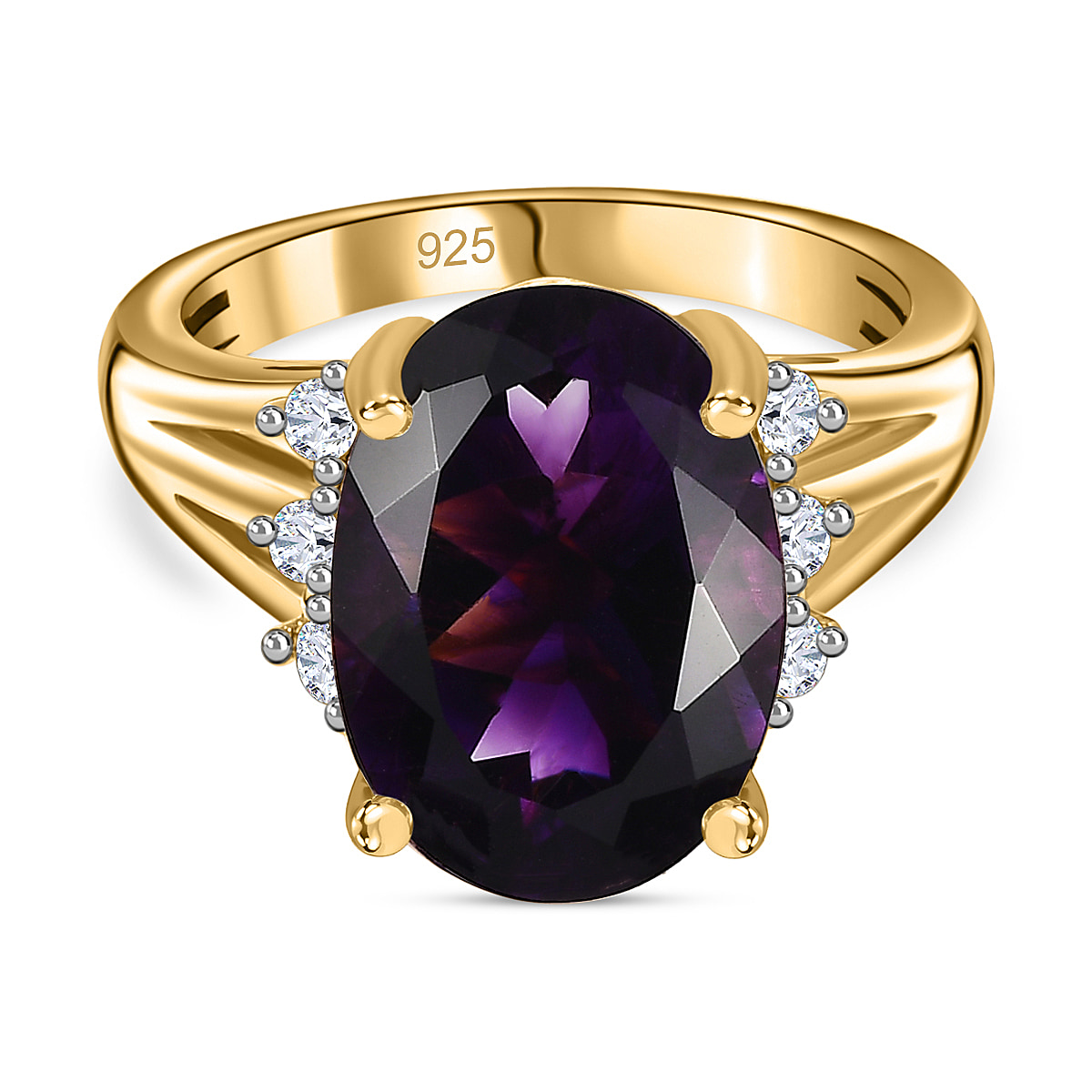 Moroccan Amethyst , White Zircon Ring in 18K Vermeil Yellow Gold Plated  Sterling Silver