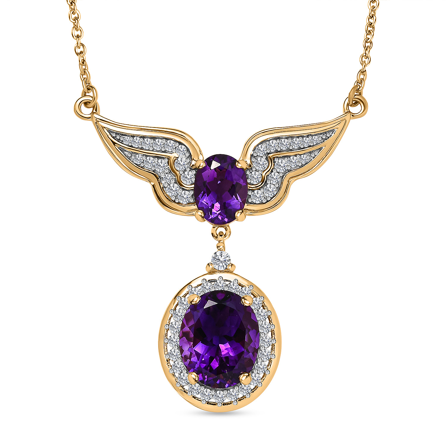 Lusaka Amethyst & Natural Zircon Drop Pendant with Chain (Size 20) in 18K  Vermeil Yellow Gold Plated Sterling Silver 100.36 Ct, Silver Wt. 13.04 Gms