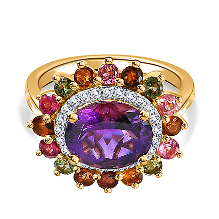 Moroccan Amethyst, White Zircon, Multi-Tourmaline Halo Ring in 18K Vermeil Yellow Gold Plated Sterling Silver