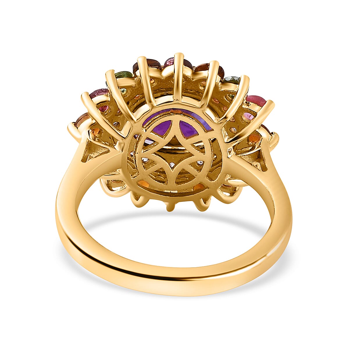 Moroccan Amethyst, Natural Zircon & Multi-Tourmaline Floral Ring in 18K Yellow Gold Vermeil Plated Sterling Silver 4.18 Ct. Moroccan Amethyst, Natural Zircon & Multi-Tourmaline Floral Ring in 18K Yellow Gold Vermeil Plated Sterling Silver 4.18 Ct.