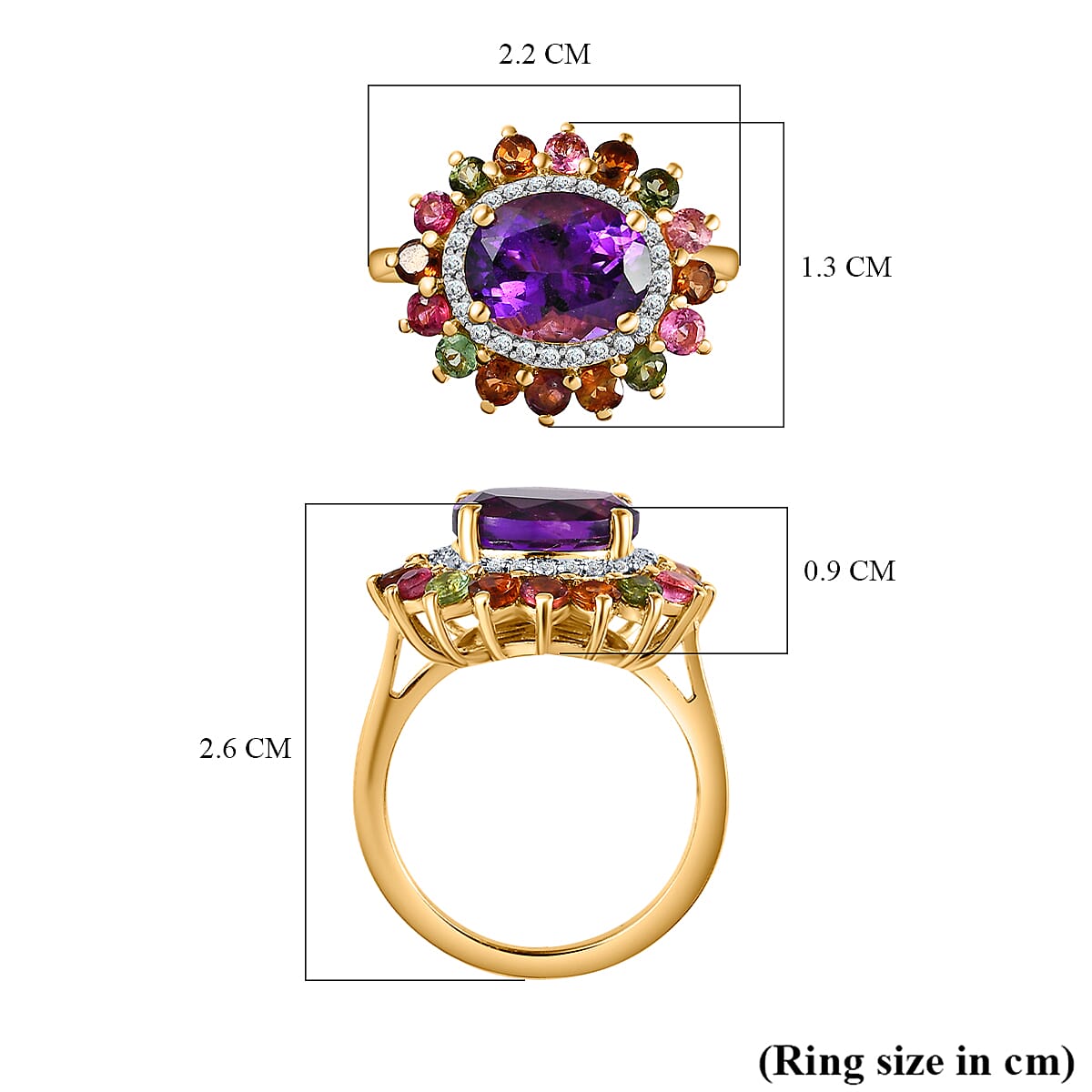 Moroccan Amethyst, Natural Zircon & Multi-Tourmaline Floral Ring in 18K Yellow Gold Vermeil Plated Sterling Silver 4.18 Ct. Moroccan Amethyst, Natural Zircon & Multi-Tourmaline Floral Ring in 18K Yellow Gold Vermeil Plated Sterling Silver 4.18 Ct.