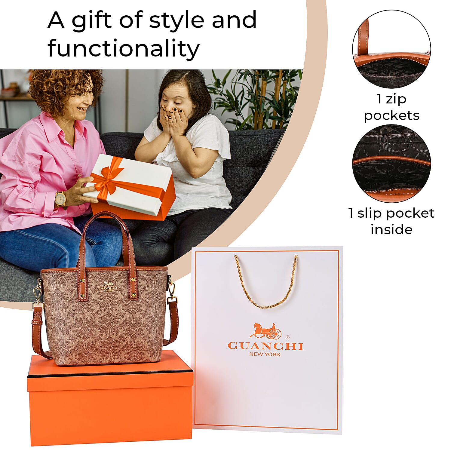 GUANCHI Crossbody Bag with Handle Drop & Shoulder Strap - Brown