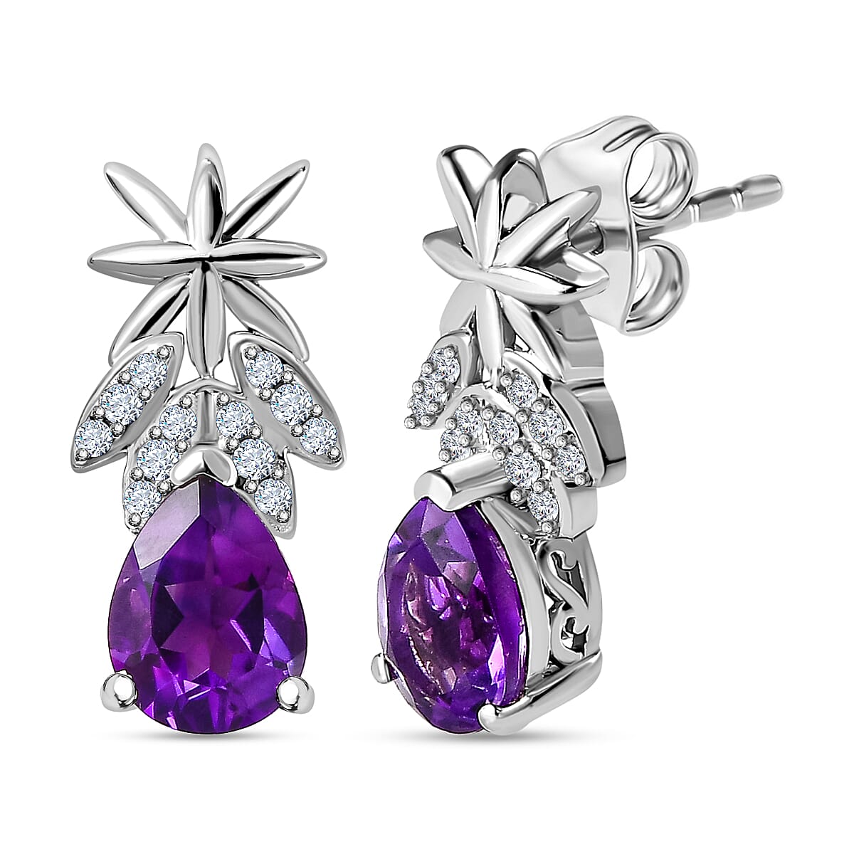 Moroccan Amethyst & Natural Zircon Tear Drop Earrings in Platinum Overlay Sterling Silver 2.26 Ct.