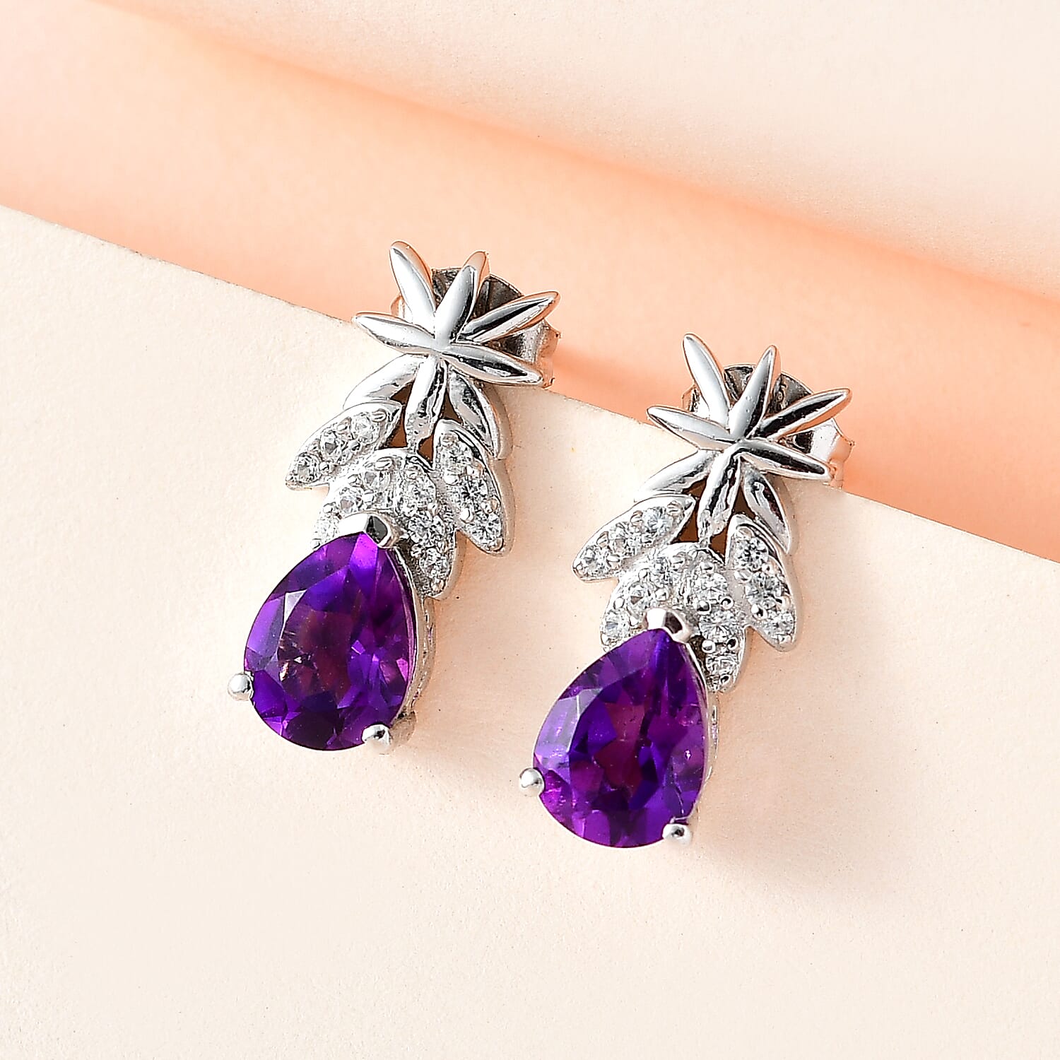 Moroccan Amethyst & Natural Zircon Tear Drop Earrings in Platinum Overlay Sterling Silver 2.26 Ct.