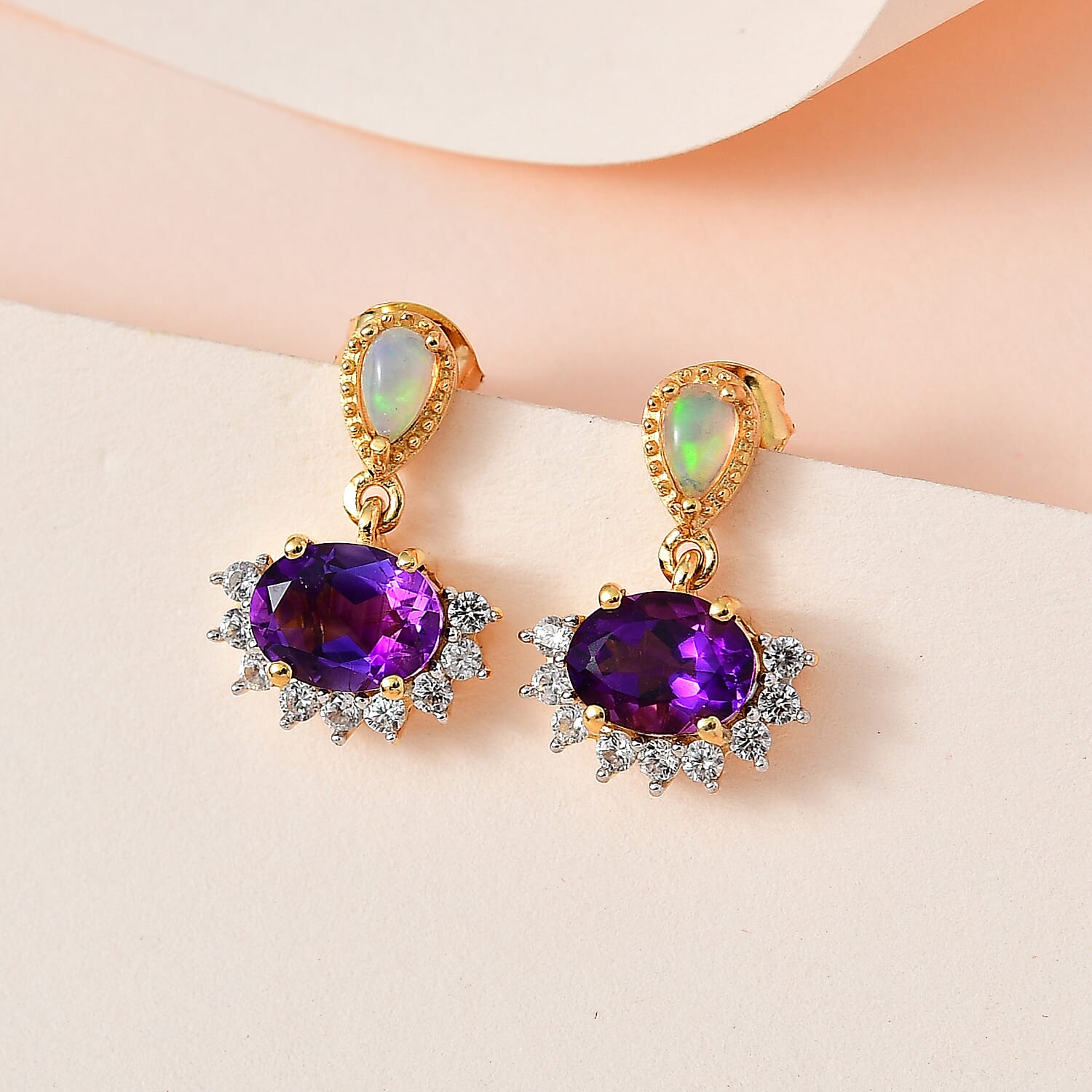 Moroccan Amethyst, Natural Zircon & Ethiopian Welo Opal Earrings in 18K Yellow Gold Vermeil Plated Sterling Silver 3.18 Ct.