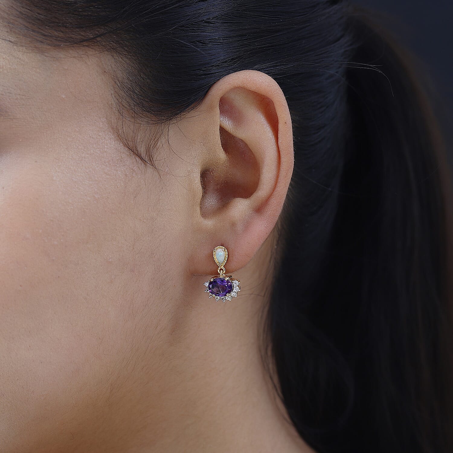 Moroccan Amethyst, Natural Zircon & Ethiopian Welo Opal Earrings in 18K Yellow Gold Vermeil Plated Sterling Silver 3.18 Ct.