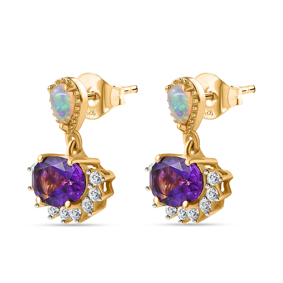 Moroccan Amethyst, Natural Zircon & Ethiopian Welo Opal Earrings in 18K Yellow Gold Vermeil Plated Sterling Silver 3.18 Ct.