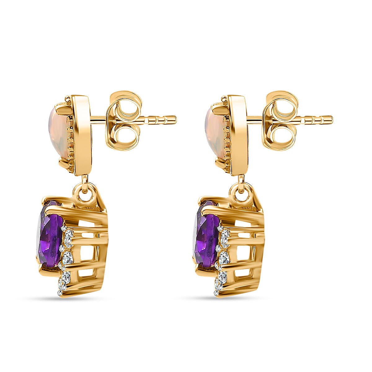 Moroccan Amethyst, Natural Zircon & Ethiopian Welo Opal Earrings in 18K Yellow Gold Vermeil Plated Sterling Silver 3.18 Ct.