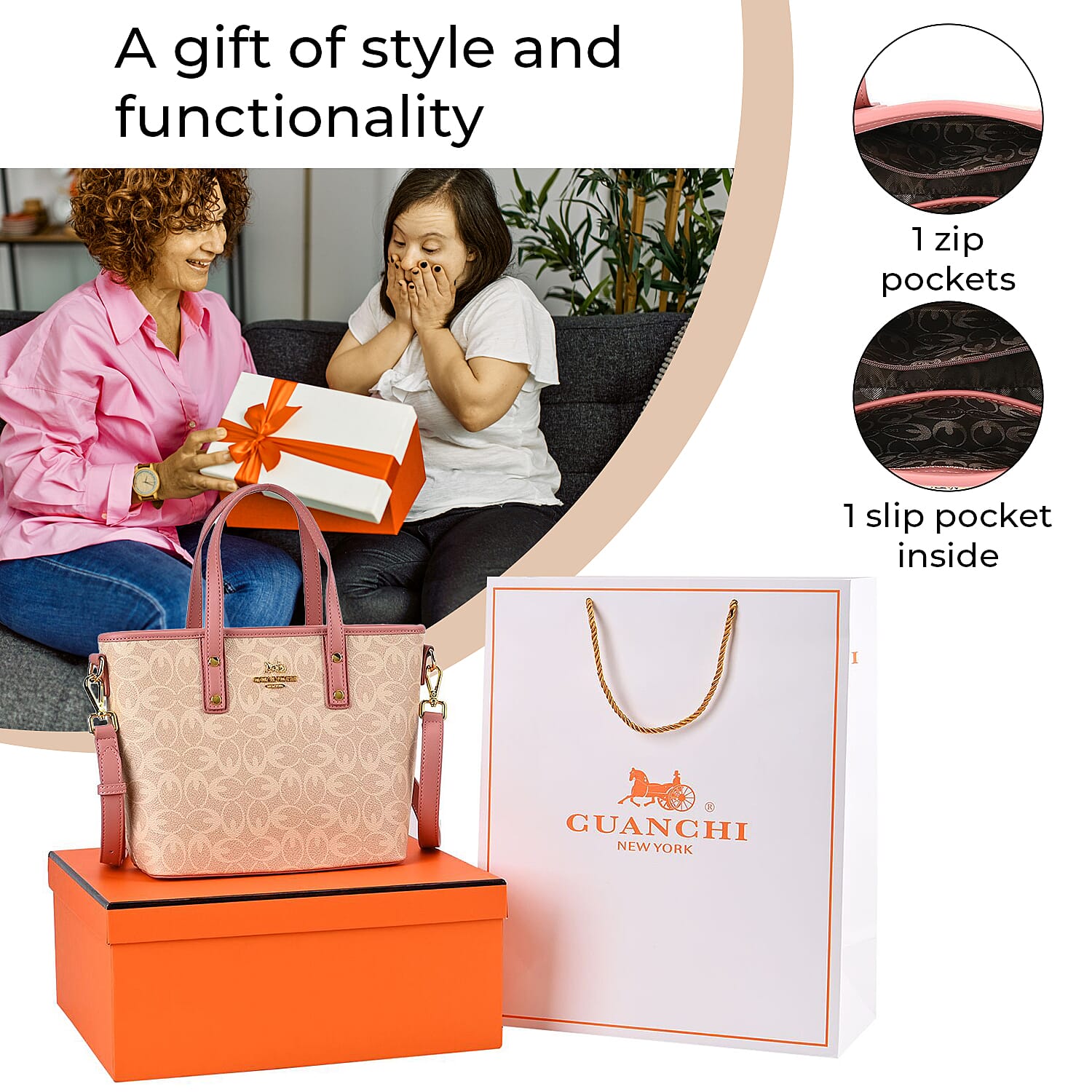 GUANCHI  Oval Crossbody Bag with Handle Drop - Off White - Pink