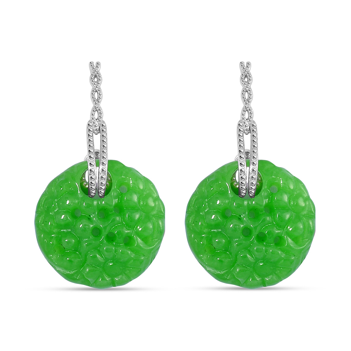 Green Jadeite Jade Earrings in Rhodium Overlay Sterling Silver 36.45 Ct.