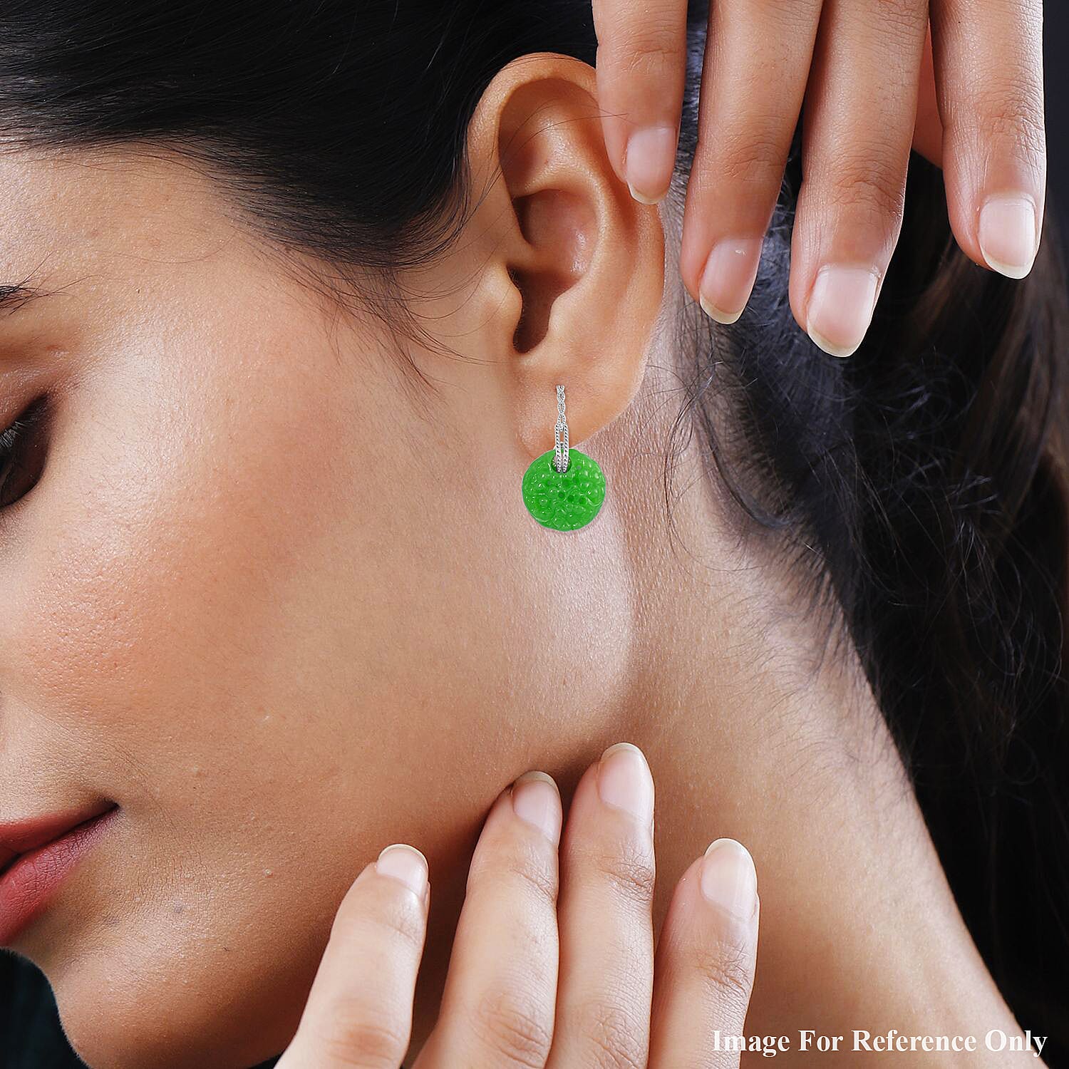 Green Jadeite Jade Earrings in Rhodium Overlay Sterling Silver 36.45 Ct.
