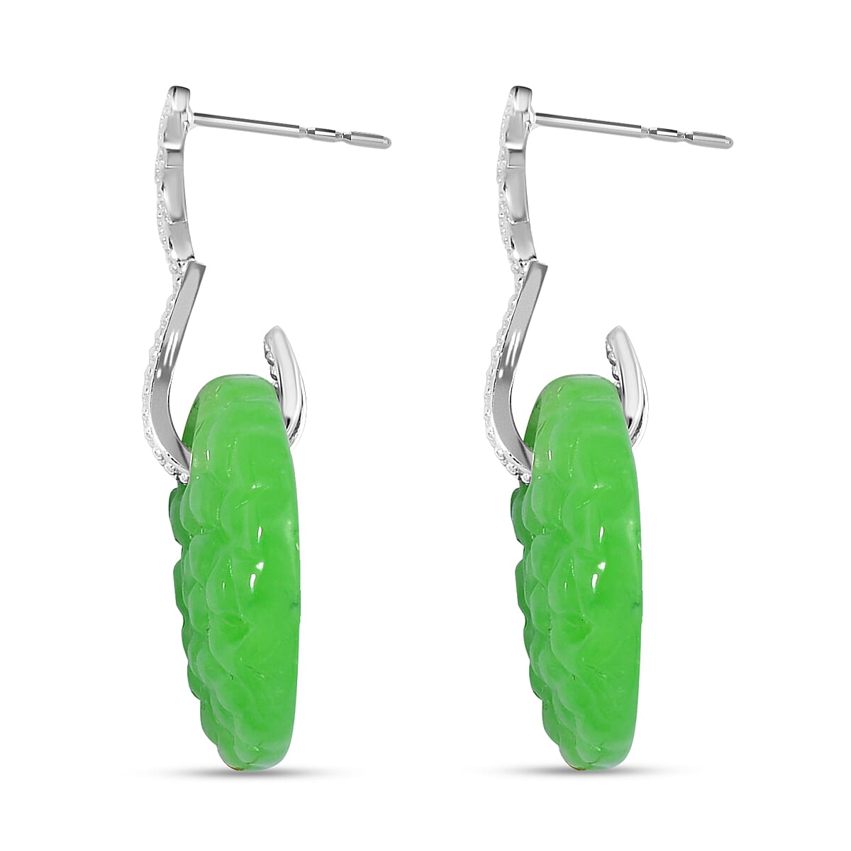 Green Jadeite Jade Earrings in Rhodium Overlay Sterling Silver 36.45 Ct.