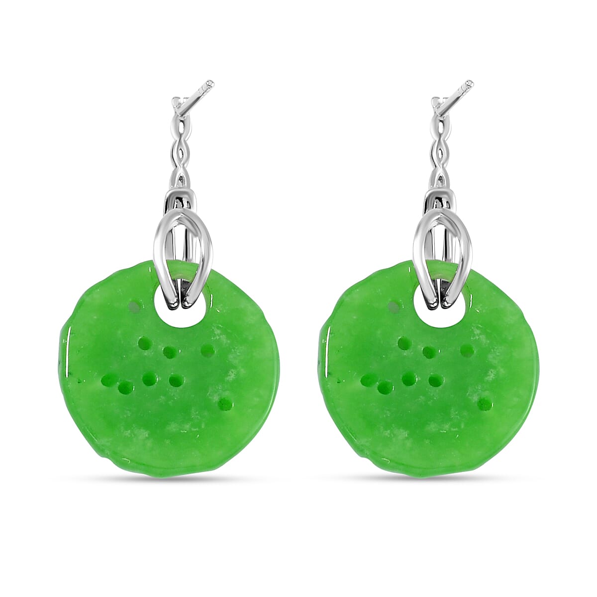 Green Jadeite Jade Earrings in Rhodium Overlay Sterling Silver 36.45 Ct.