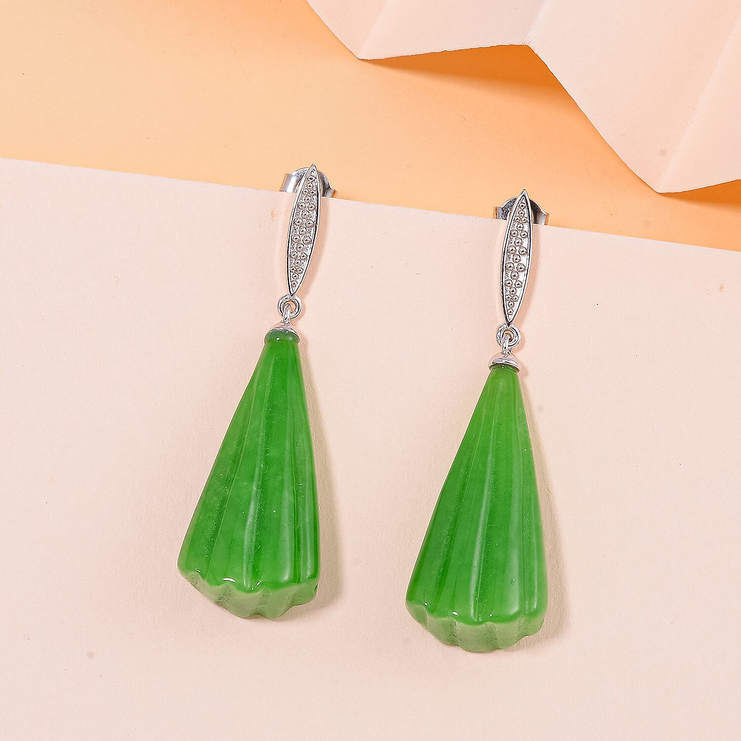 Green Jadeite Jade Earrings in Rhodium Overlay Sterling Silver 65.90 Ct.