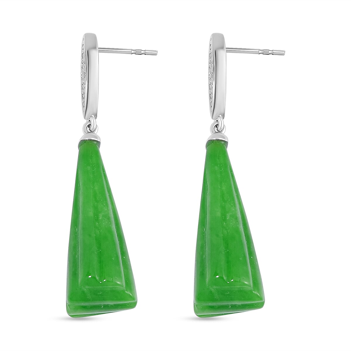 Green Jadeite Jade Earrings in Rhodium Overlay Sterling Silver 65.90 Ct.