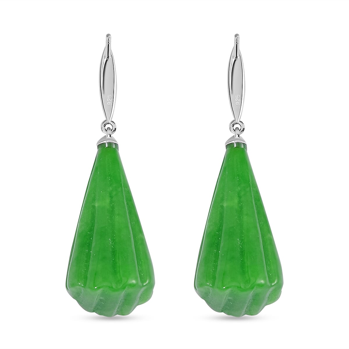Green Jadeite Jade Earrings in Rhodium Overlay Sterling Silver 65.90 Ct.