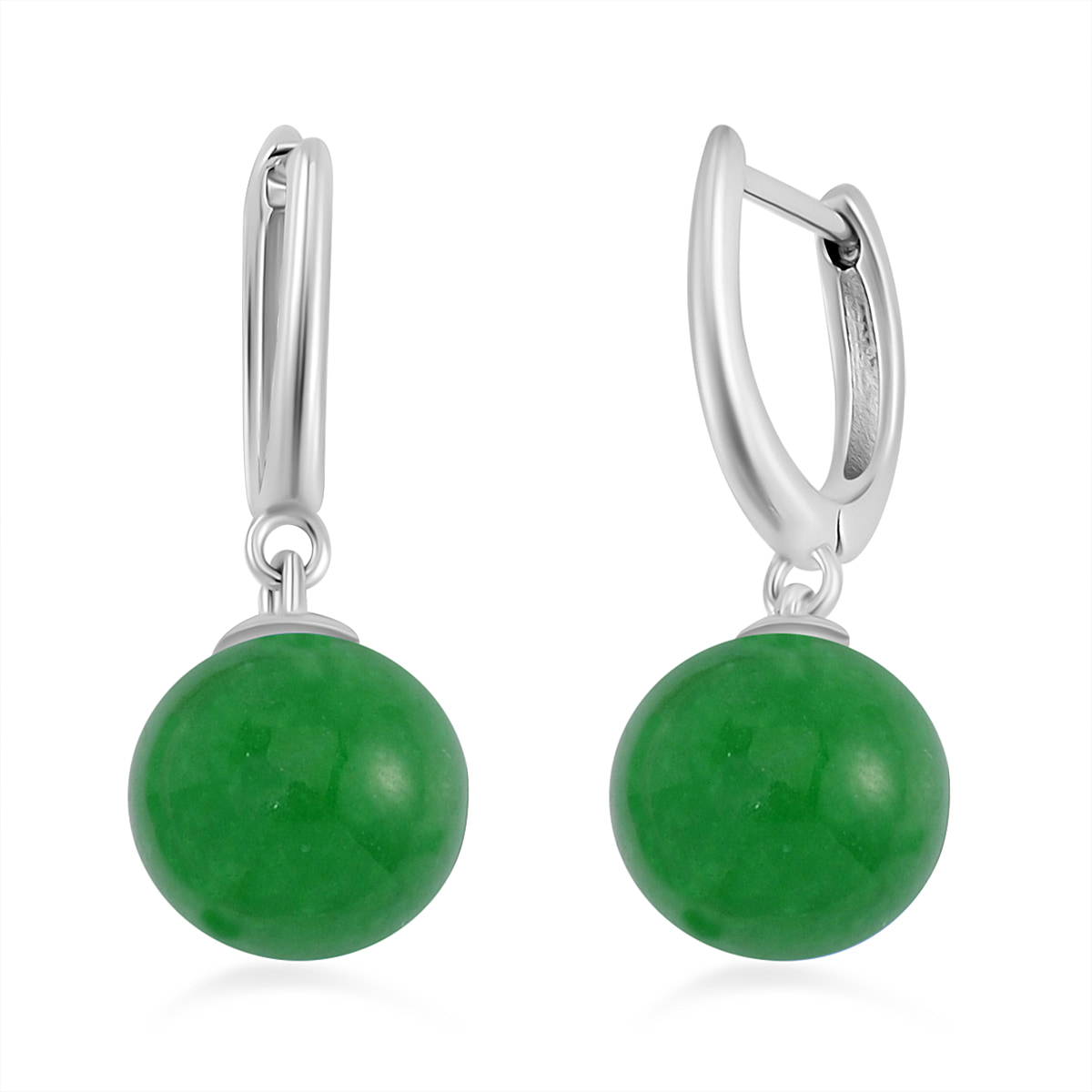 Green Jadeite Jade Half Hoop Ball Earrings in Rhodium Overlay Sterling Silver 23.82 Ct.