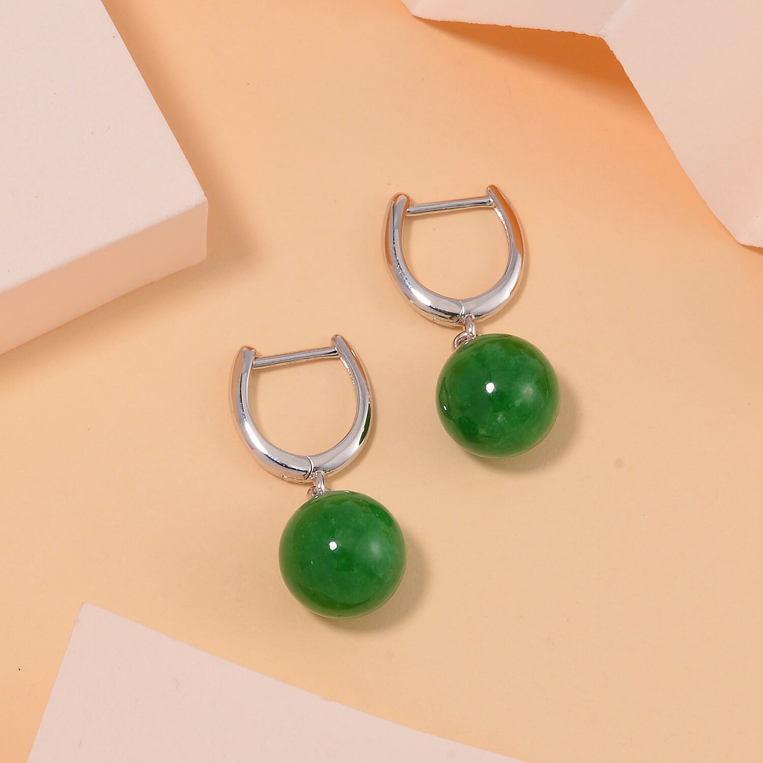 Green Jadeite Jade Half Hoop Ball Earrings in Rhodium Overlay Sterling Silver 23.82 Ct.