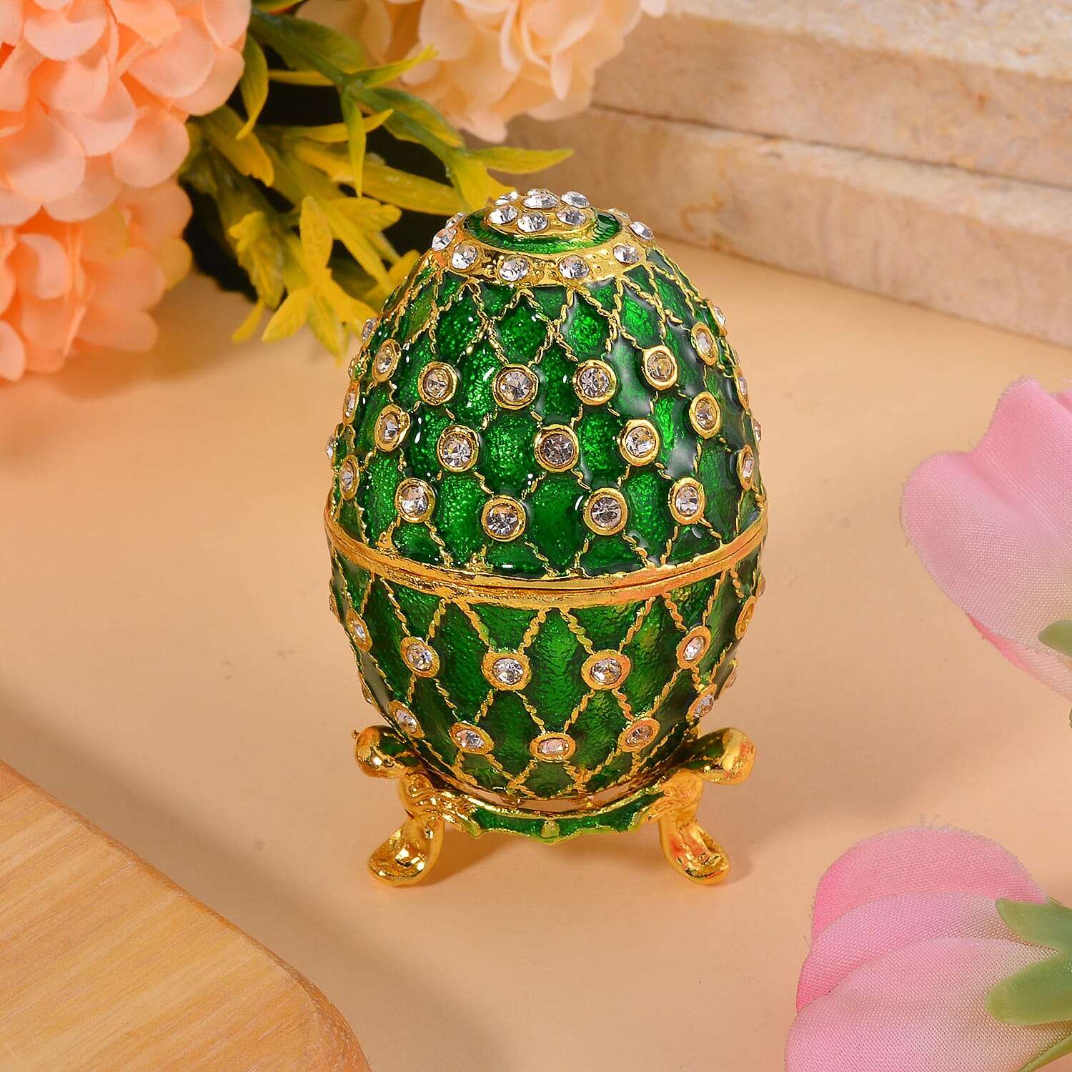 Easter Special - Austrian Crystal Trinket Box with Green Enamelling & Tripod Stand