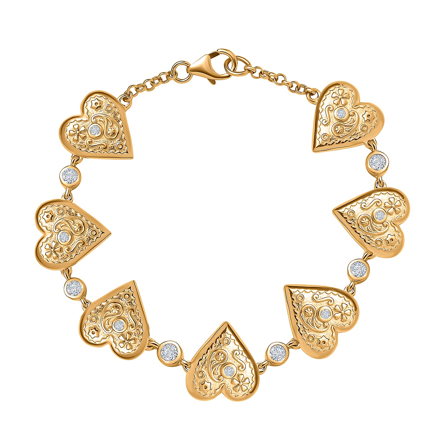 Moissanite Heart Bracelet (Size - 7.5) in Vermeil YG Plated Sterling Silver, Silver Wt. 10.80 Gms