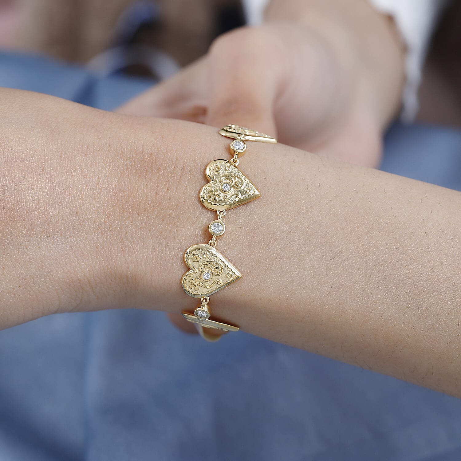 Moissanite Heart Bracelet (Size - 7.5) in Vermeil YG Plated Sterling Silver, Silver Wt. 10.80 Gms