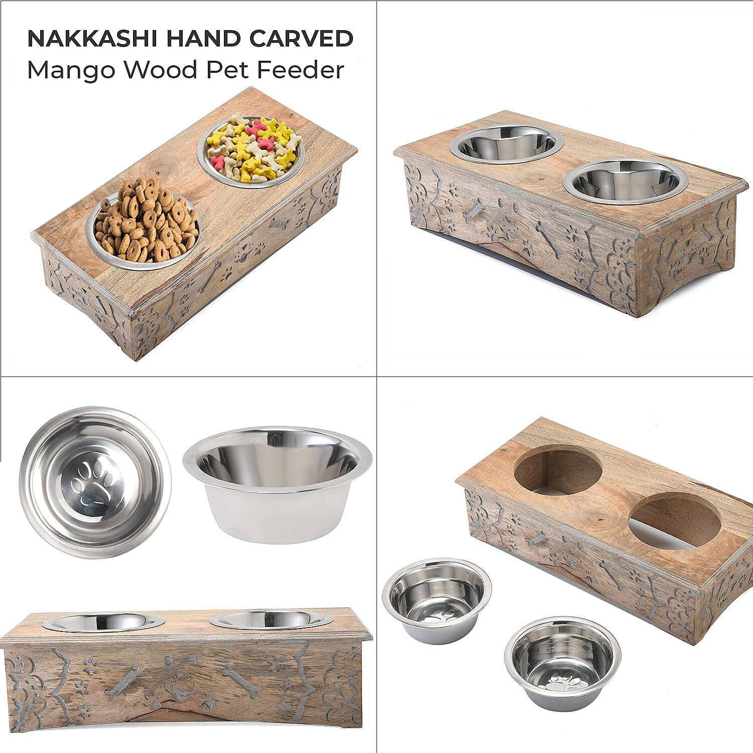 Nakkashi Handcarved Bone Print Pet Feeder - Brown