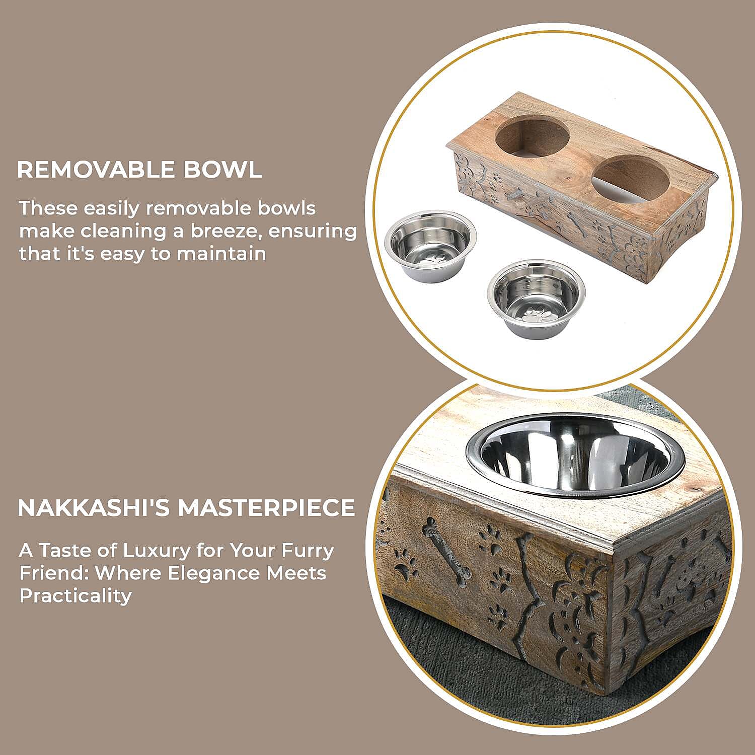 Nakkashi Handcarved Bone Print Pet Feeder - Brown