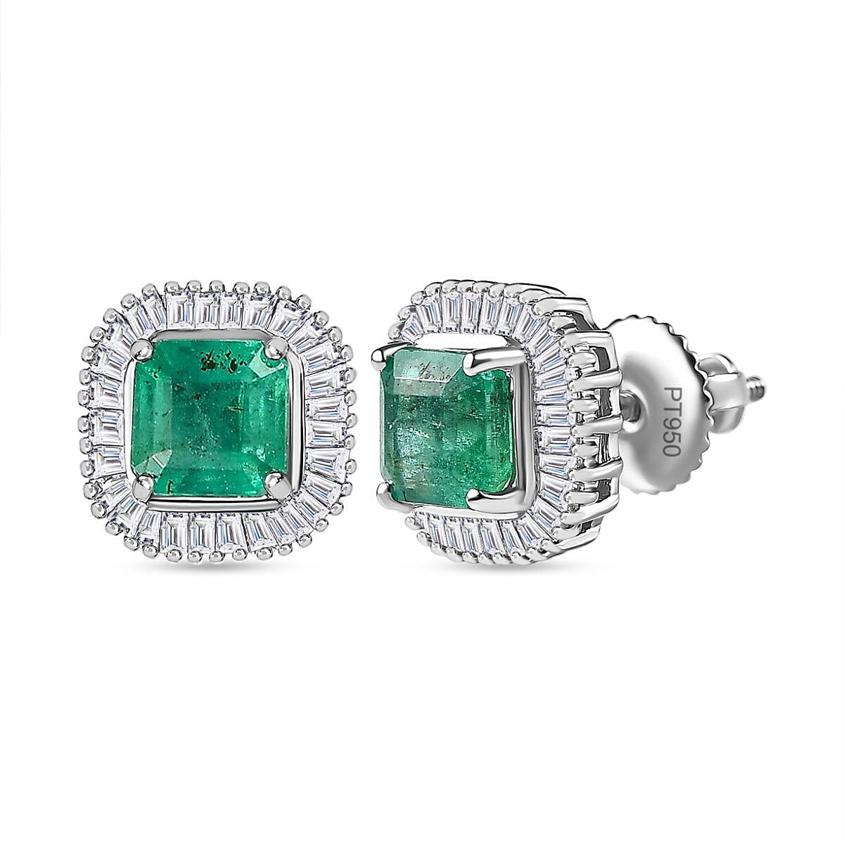 NY CloseOut - 950 Platinum AAA Gemfields Zambian Emerald & Diamond Stud Earrings 1.75 Ct. 3.31 Gms
