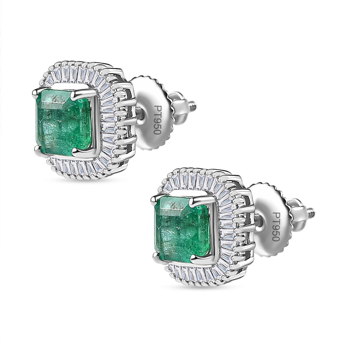NY CloseOut - 950 Platinum AAA Gemfields Zambian Emerald & Diamond Stud Earrings 1.75 Ct. 3.31 Gms
