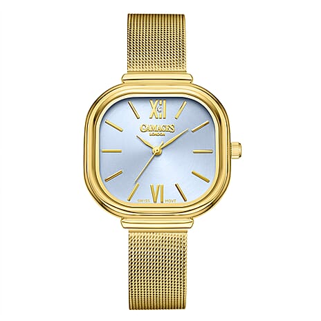 Gamages Of London TULIP Ladies Diamond Studded Swiss Movt. Aqua Blue Dial Water Resistant Watch with Gold Mesh Bracelet
