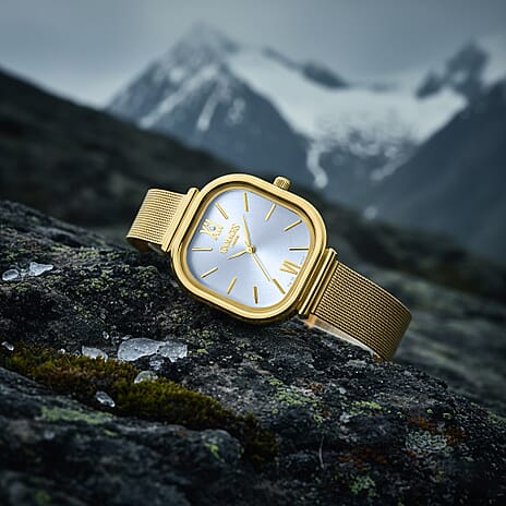 Gamages Of London TULIP Ladies Diamond Studded Swiss Movt. Aqua Blue Dial Water Resistant Watch with Gold Mesh Bracelet