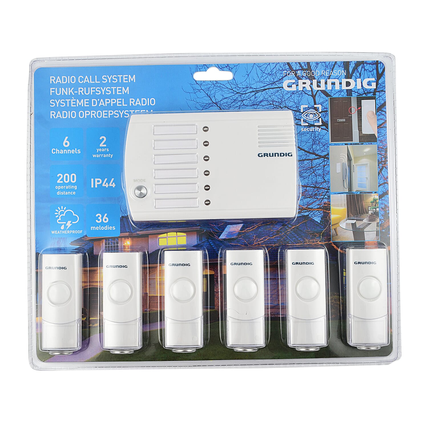 Grundig 6 channel Wireless Bell and Alarm system with 6 radio transmitters and 1 Reciever - White