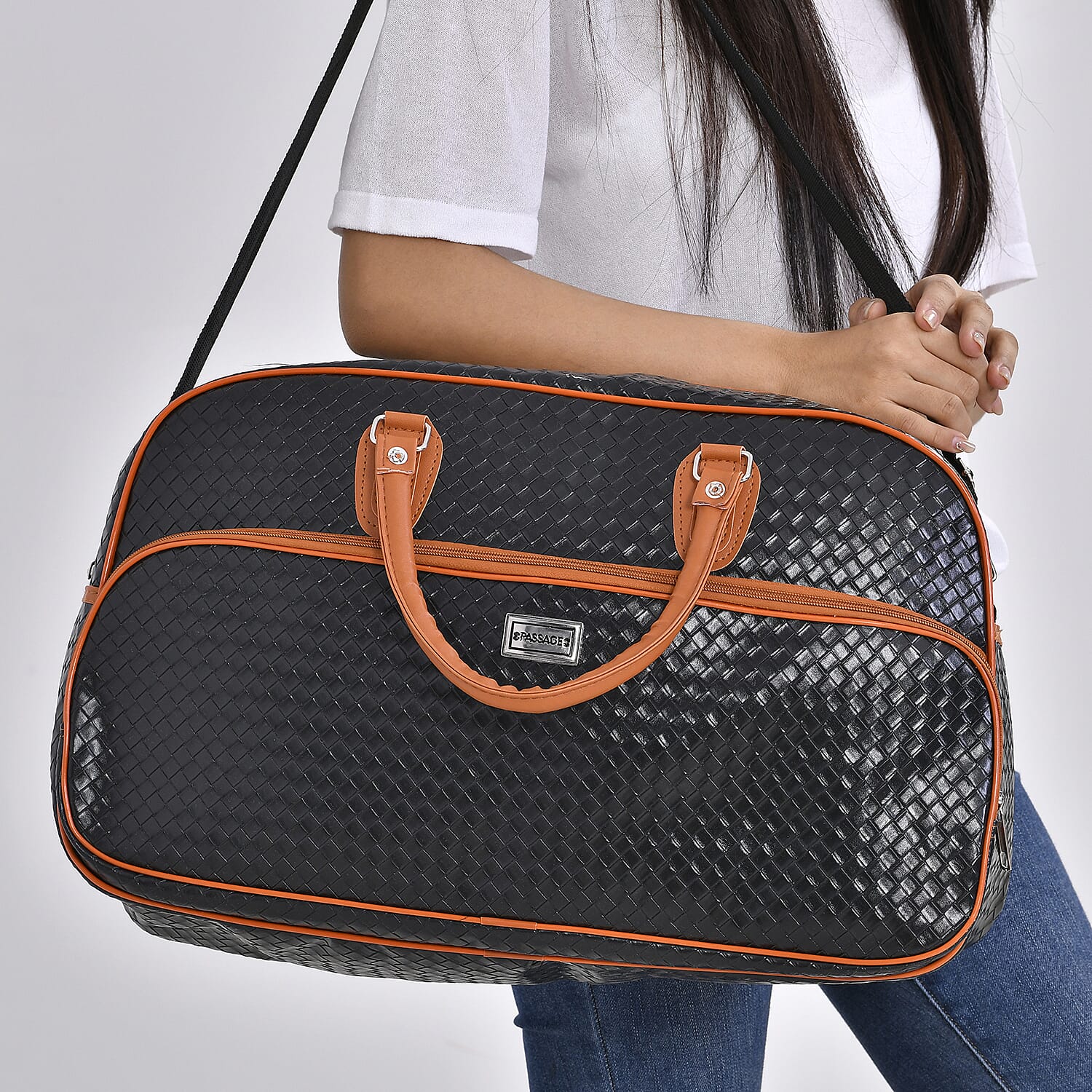 Passage Leatherette Woven Pattern Travel Croosbody Bag with Handle Drop - Black