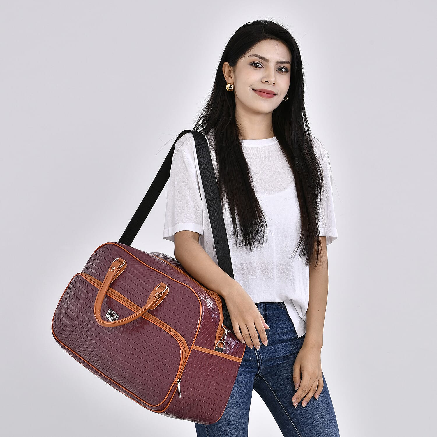 Passage Leatherette Woven Pattern Travel Croosbody Bag with Handle Drop - Burgundy